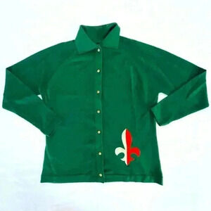 Vintage 70s Knit Green Button Up Fleur de Leaf Shirt Women’s Size 38 US 8